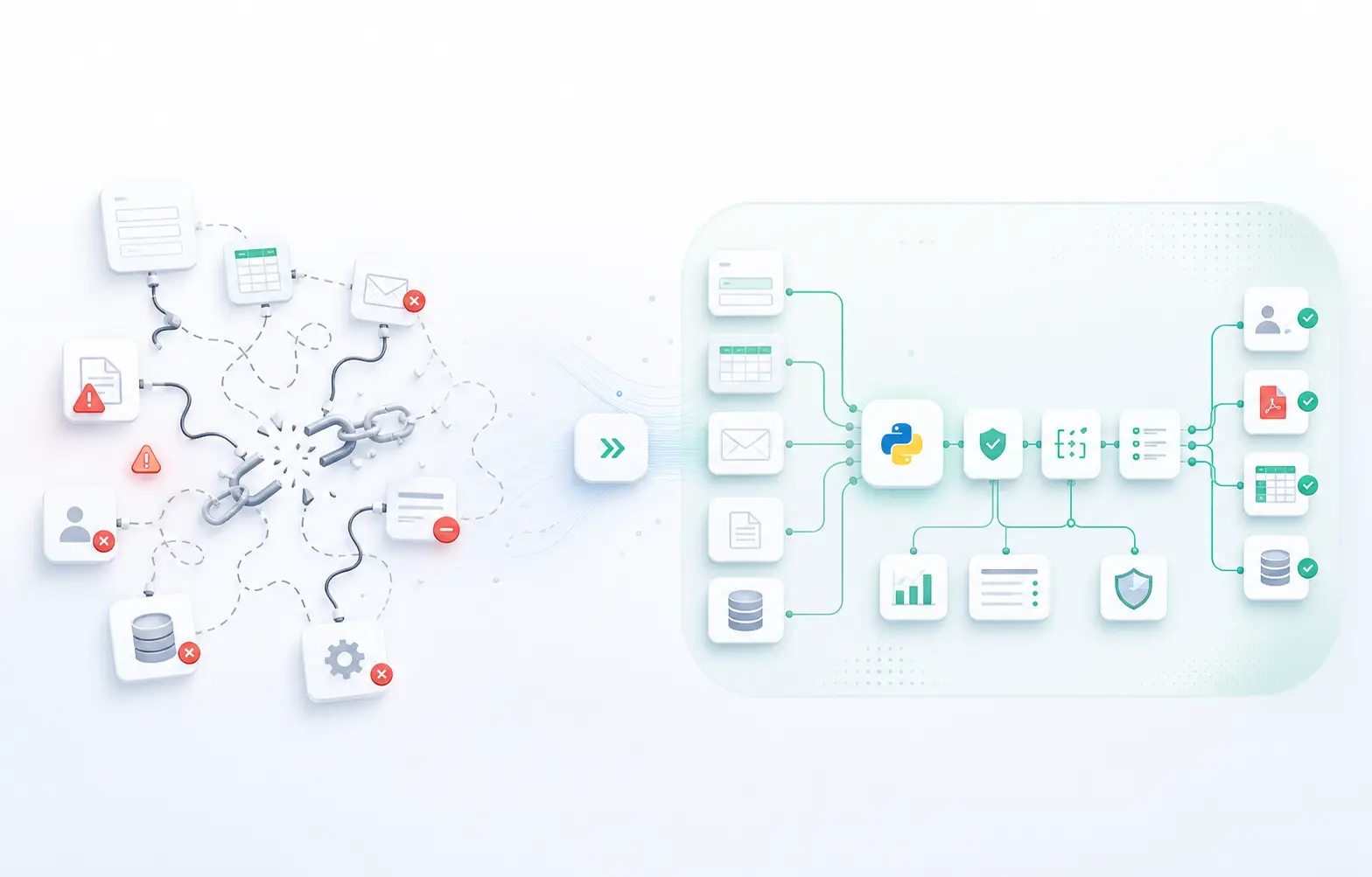 Comparison between a fragile no-code workflow and a controlled custom automation workflow.