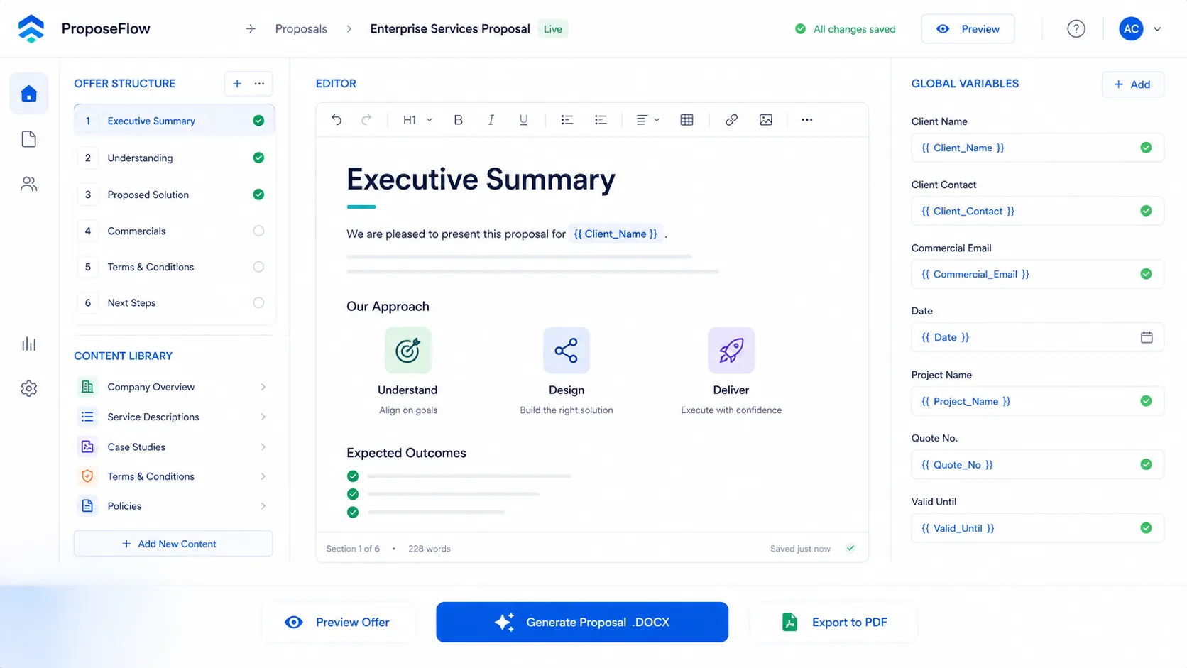 Automated proposal generation system for CRM data to Word proposal drafts, showing offer structure, editor, and variables.